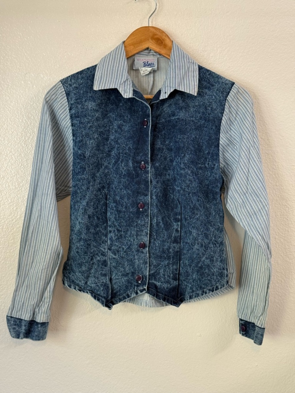 VTG 80s Weathered Blues Womens Denim Vest Blouse Striped Sleeves Sz M Butter Mom